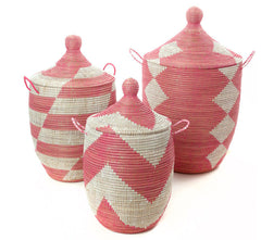 sen59c Pink & White Mixed Pattern Set of 3 Traditional Storage Baskets | Senegal Fair Trade by Swahili Imports