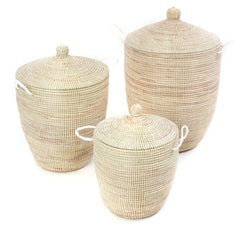 sen59e White Set of 3 Lidded Traditional Storage Baskets | Senegal Fair Trade by Swahili Imports
