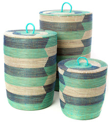 sen73o Blue Aqua White Chevron Set of 3 Sahara Storage Baskets | Senegal Fair Trade by Swahili Imports