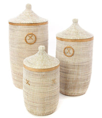 sen80c White Set of 3 Traditional Hamper Storage Baskets with Tan Leather Trim | Senegal Fair Trade by Swahili Imports