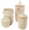 sen80c White Set of 3 Traditional Hamper Storage Baskets with Tan Leather Trim | Senegal Fair Trade by Swahili Imports