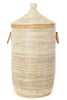 sen80c White Set of 3 Traditional Hamper Storage Baskets with Tan Leather Trim | Senegal Fair Trade by Swahili Imports