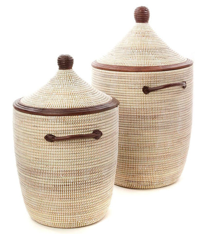sen81c White Set of 2 Traditional Hamper Storage Baskets with Leather Trim | Senegal Fair Trade by Swahili Imports