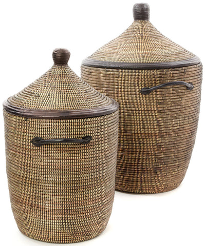 sen81g Black Set of 2 Traditional Hamper Storage Baskets with Leather Trim | Senegal Fair Trade by Swahili Imports